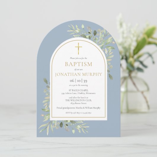 Gouden Boog Groenery Stof Blauw Jongens Doop  Kaart (Staand voorkant)