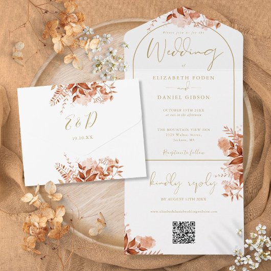 Gouden Boog Herfst Bloem QR Code Bruiloft All In One Uitnodiging