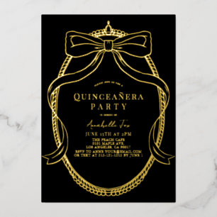 Gouden Boog Lint Tiara Lijst Zwart Quinceañera Folie Uitnodiging