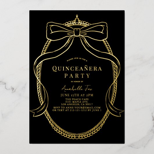 Gouden Boog Lint Tiara Lijst Zwart Quinceañera Folie Uitnodiging (Voorkant)
