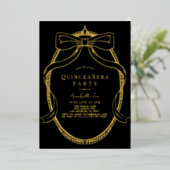 Gouden Boog Lint Tiara Lijst Zwart Quinceañera Folie Uitnodiging (Staand Voorkant)