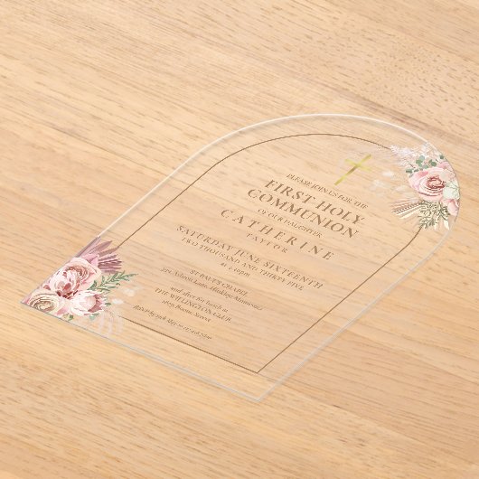 Gouden Boog Pampas Gras Bloem Eerste Heilige Commu Acryl Uitnodigingen (Laagn)