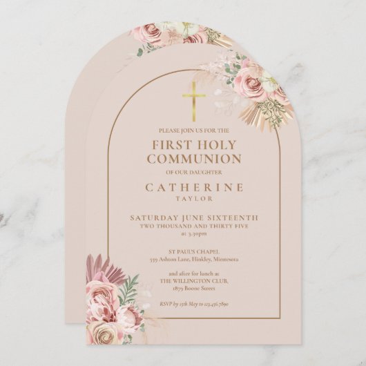 Gouden Boog Pampas Gras Bloem Eerste Heilige Commu Kaart (Voorkant / Achterkant)
