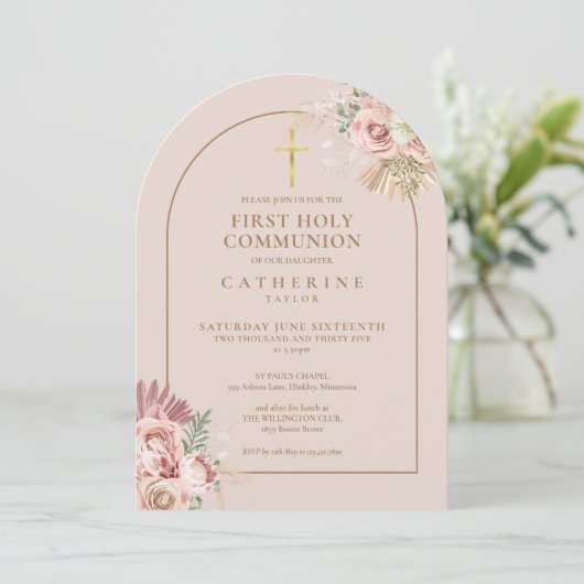 Gouden Boog Pampas Gras Bloem Eerste Heilige Commu Kaart (Staand voorkant)