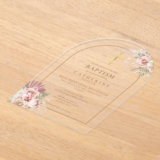 Gouden Boog Pampas Gras Bloemen Meisje Doop Acryl Uitnodigingen (Laagn)