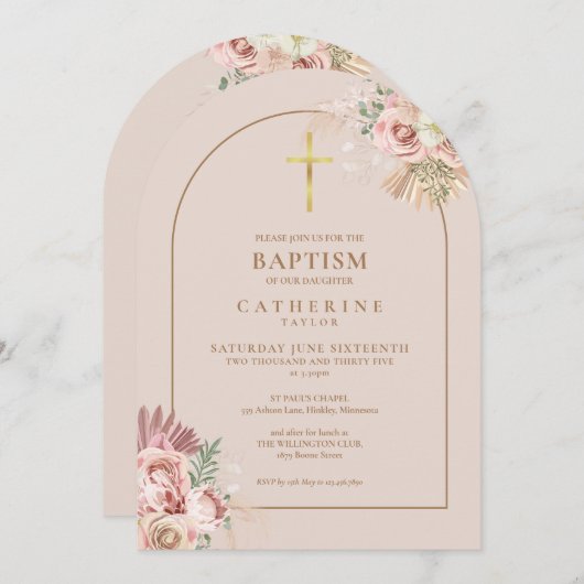 Gouden Boog Pampas Gras Bloemen Meisje Doop Kaart (Voorkant / Achterkant)