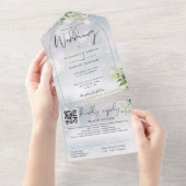 Gouden Boog QR Code Groene Winter Bruiloft All In One Uitnodiging (Afscheurbaar)