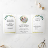 Gouden boog rustieke eucalyptus foto krans bruilof drieluik uitnodiging (Binnen)