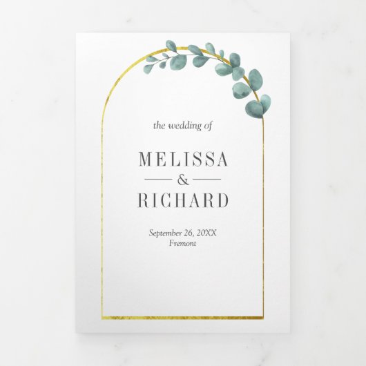Gouden boog rustieke eucalyptus foto krans bruilof drieluik uitnodiging (Cover)