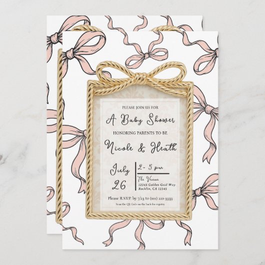 Gouden Boogframe Roze Lint Baby Shower Kaart (Voorkant / Achterkant)