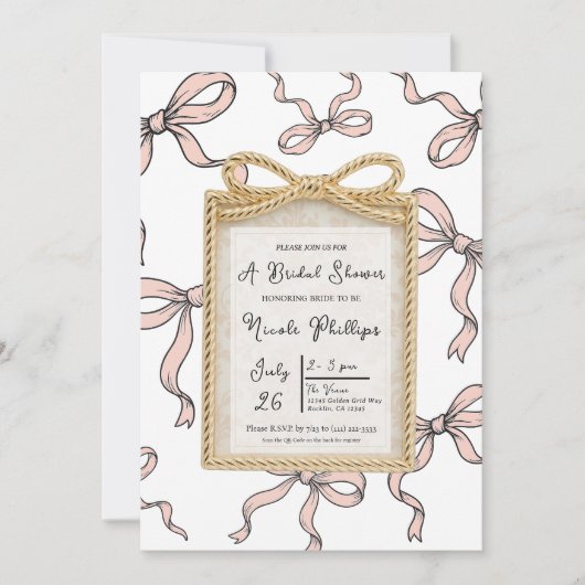 Gouden Boogframe Roze Lint Boog Bruiloftsfeest Kaart (Voorkant)