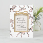 Gouden Boogframe Roze Lint Boog Bruiloftsfeest Kaart (Staand voorkant)