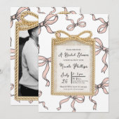 Gouden Boogframe Roze Lint Boog Bruiloftsfeest Kaart (Voorkant / Achterkant)