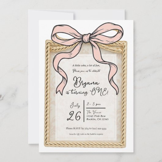 Gouden Boogframe Roze Lint Eerste Verjaardag Kaart (Voorkant)