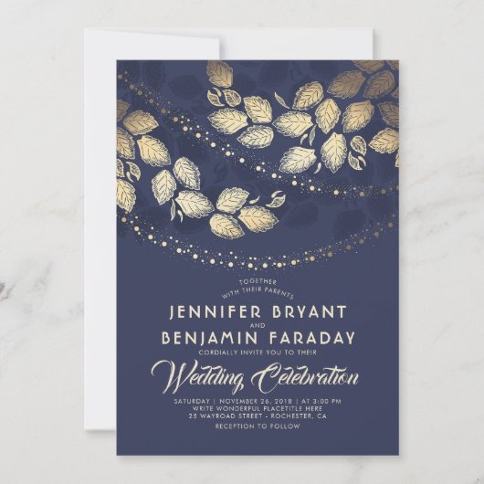 Gouden Boom Bladeren En Lichten | Navy Blue Weddin Kaart (Voorkant)