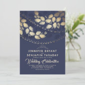 Gouden Boom Bladeren En Lichten | Navy Blue Weddin Kaart (Staand voorkant)