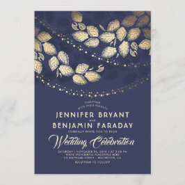 Gouden Boom Bladeren En Lichten | Navy Blue Weddin Kaart