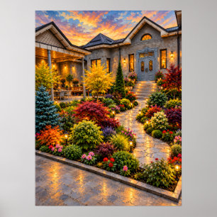 Gouden boom en rode esdoorn bij een villa bij zons poster