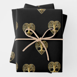 Gouden boom van het leven hart zwart patroon inpakpapier vel