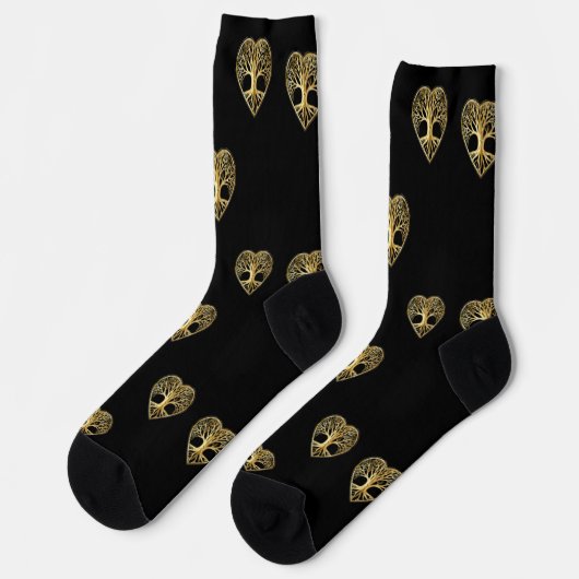 Gouden boom van het leven hart zwart patroon sokken (Links)