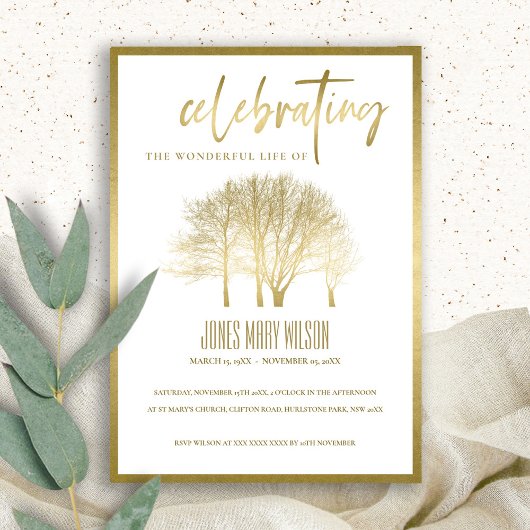 GOUDEN BOOM VIEREN LEVEN MEMORIAL SERVICE INVITE BEDANKKAART