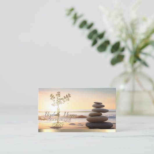Gouden Boom Vrouwen Silhouet, Zen Stones Sunrise Visitekaartje (Staand voorkant)