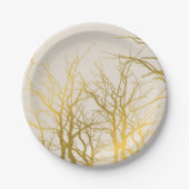 Gouden Boomtakken Patroon Beige Achtergrond Papieren Bordje (Voorkant)