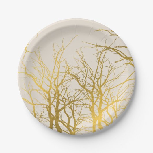 Gouden Boomtakken Patroon Beige Achtergrond Papieren Bordje (Voorkant)