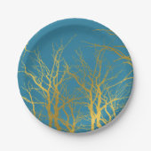 Gouden Boomtakken Patroon Blauwe Achtergrond Papieren Bordje (Voorkant)