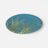 Gouden Boomtakken Patroon Blauwe Achtergrond Papieren Bordje (Gekanteld)