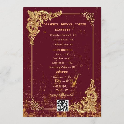 Gouden Bordeaux Bewerkbare Menu met QR-code (Achterkant)
