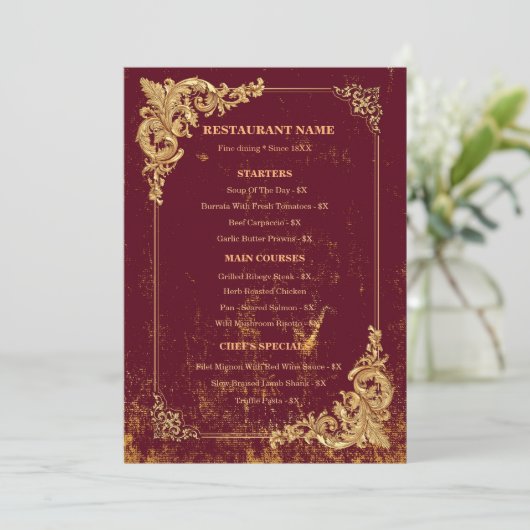 Gouden Bordeaux Bewerkbare Menu met QR-code (Staand voorkant)