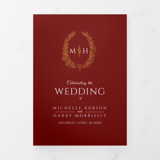 Gouden bordeaux monogram krans toewijding bruiloft drieluik programma (Cover)