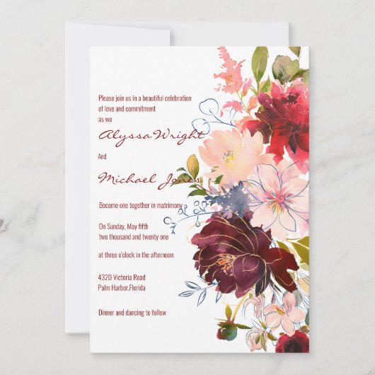 Gouden bordeaux rood roze bloem boeket Trouwen Kaart (Voorkant)