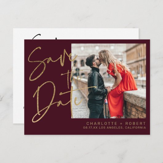 Gouden bordeaux script foto bruiloft save the date aankondigingskaart (Voorkant / Achterkant)