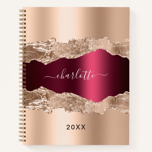 Gouden bordeauxrode agaat marmeren naamschrift notitieboek (Voorkant)