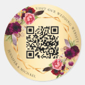 Gouden bordeauxrode bloemen geometrische QR bruilo Ronde Sticker (Voorkant)