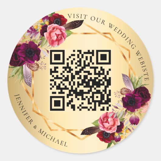 Gouden bordeauxrode bloemen geometrische QR bruilo Ronde Sticker (Voorkant)