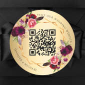 Gouden bordeauxrode bloemen geometrische QR bruilo Ronde Sticker