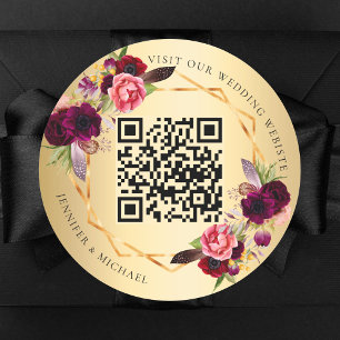 Gouden bordeauxrode bloemen geometrische QR bruilo Ronde Sticker