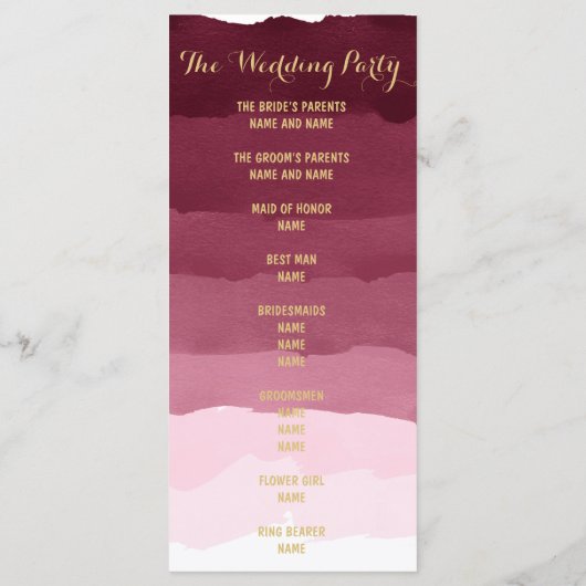 Gouden bordeauxrode waterverf ombre Trouwprogramma Programmakaart (Achterkant)