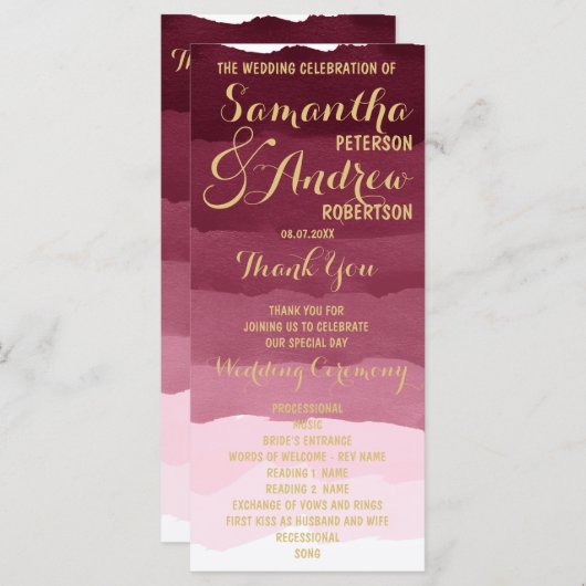 Gouden bordeauxrode waterverf ombre Trouwprogramma Programmakaart (Voorkant / Achterkant)
