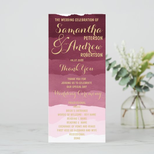 Gouden bordeauxrode waterverf ombre Trouwprogramma Programmakaart (Staand voorkant)