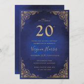 Gouden  Border Blauw 20e verjaardag Kaart (Voorkant / Achterkant)