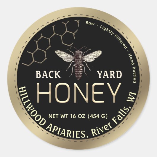 Gouden Border Queen Bee met Honingraat Honingpot Ronde Sticker (Voorkant)