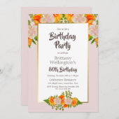 Gouden Border Roze Bloemen 80e Verjaardag Kaart (Voorkant / Achterkant)