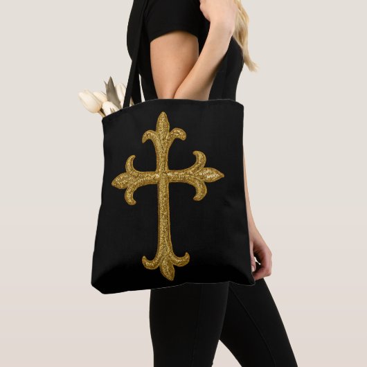 Gouden Borduurlook Kruis Voor en Achter Frans Tote Bag (Dichtbij)