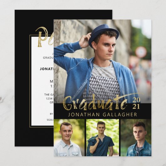 Gouden borstel Afstuderen fotocollage zwart Kaart (Voorkant / Achterkant)