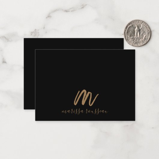 Gouden borstel geschilderd Monogram Script Naam Zw Notitiekaartje (Voorkant / Achterkant in situ)