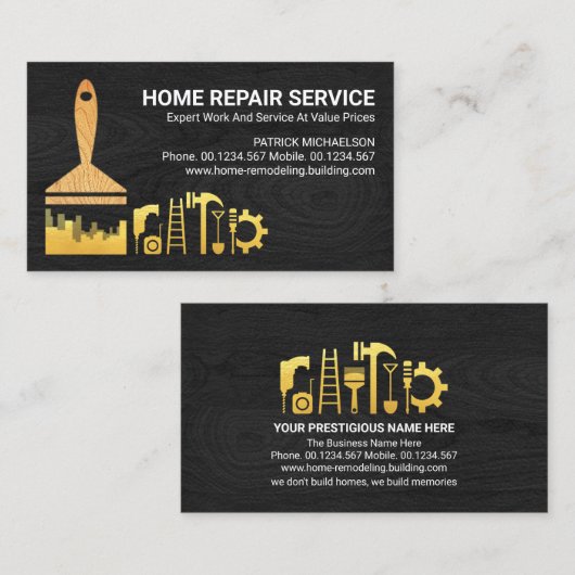 Gouden Borstel Handyman Gereedschap op Hout Visitekaartje (Voorkant / Achterkant)